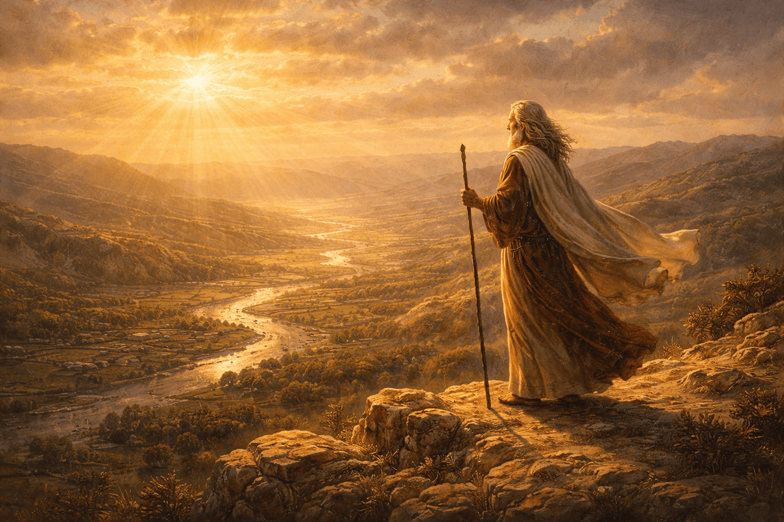 Moses on Mount Nebo gazing over the Promised Land at sunset — Deuteronomy scene