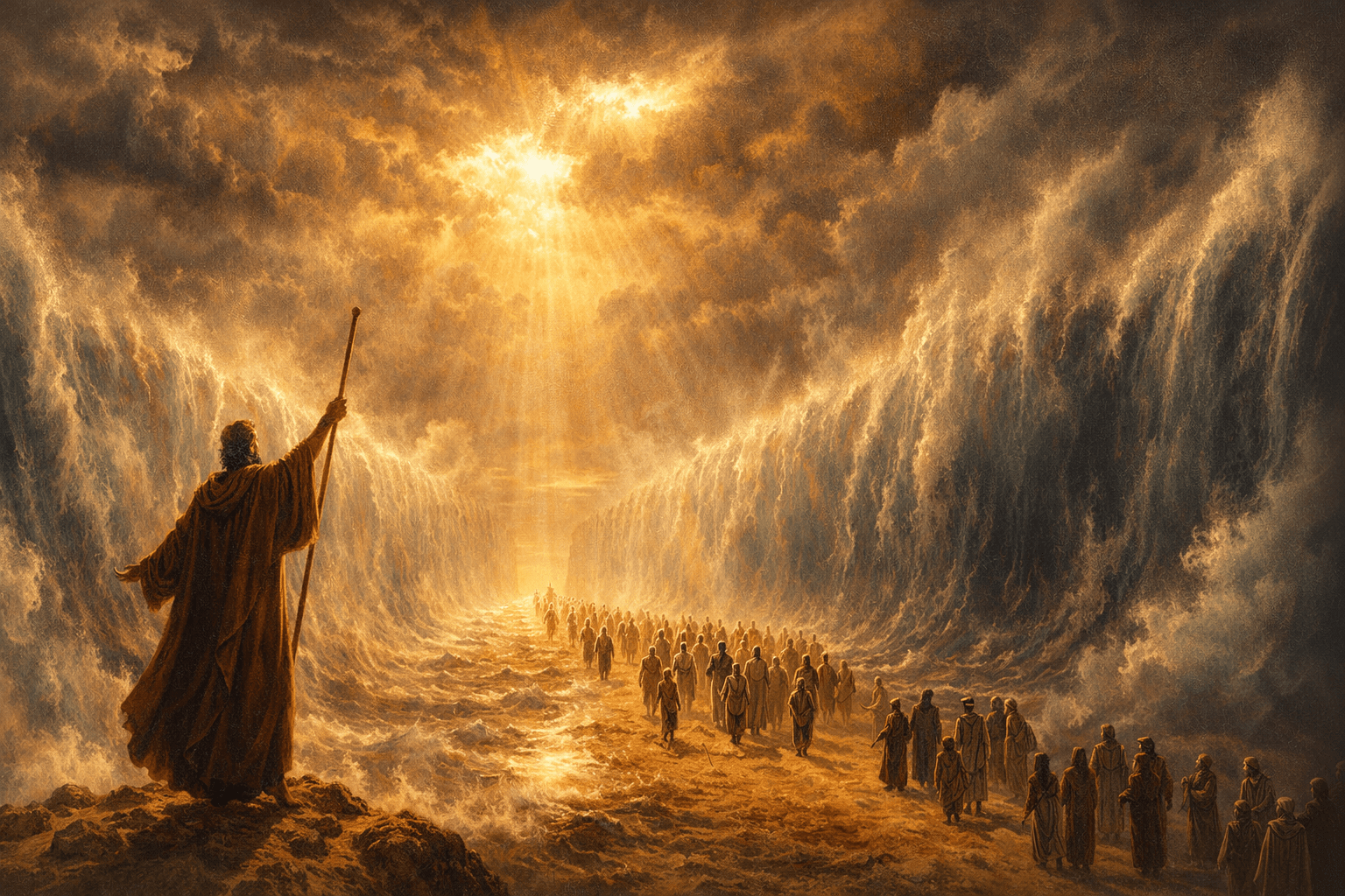 Moses parting the Red Sea with Israelites crossing on dry ground — Exodus scene