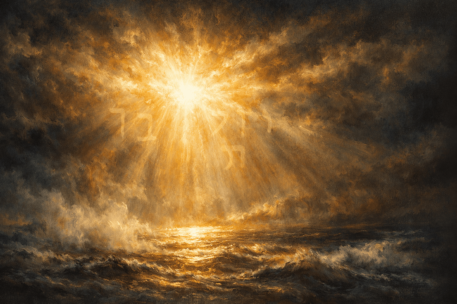 Divine light breaking through primordial darkness over formless waters — Genesis creation scene