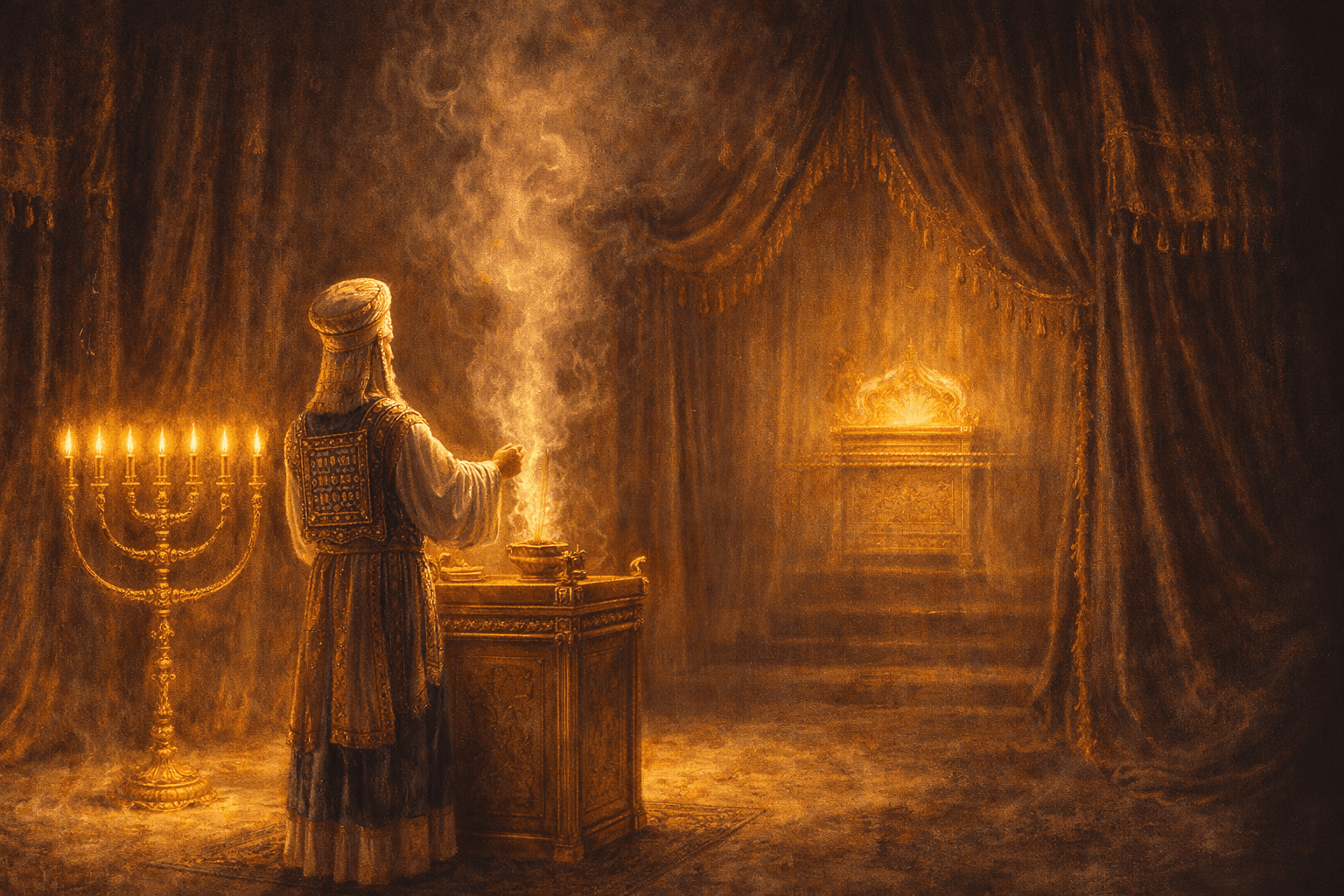 High Priest before the golden altar of incense inside the Tabernacle — Leviticus scene
