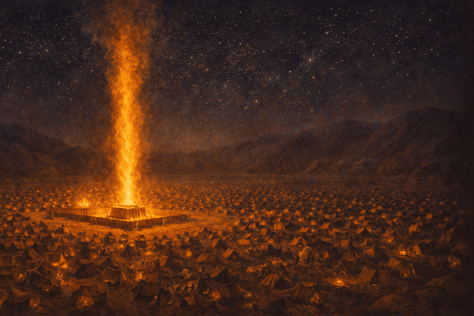 Israelite camp in the wilderness with pillar of fire rising into the night sky — Numbers scene