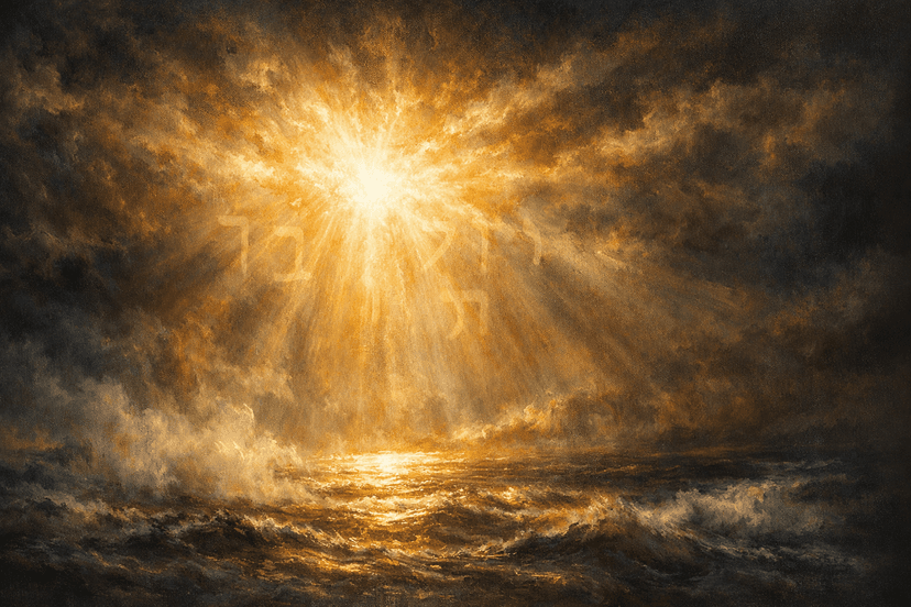 Divine light breaking through primordial darkness over formless waters — Genesis creation scene