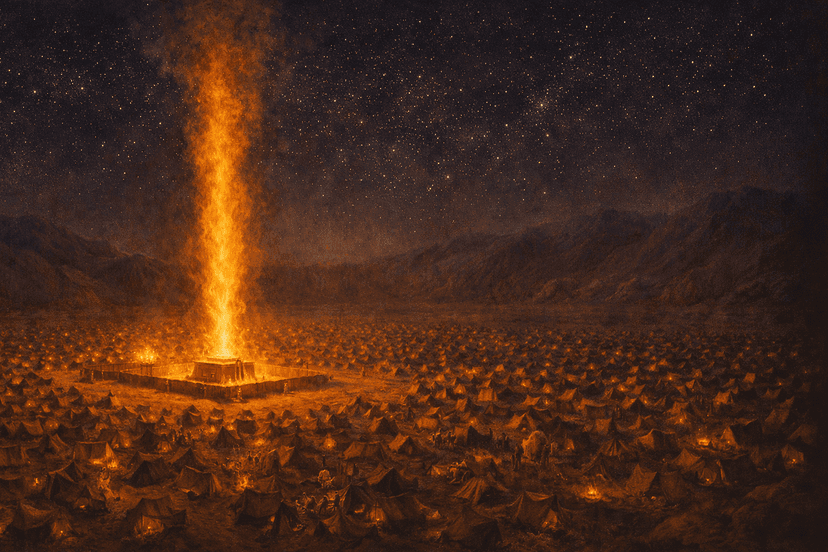 Israelite camp in the wilderness with pillar of fire rising into the night sky — Numbers scene