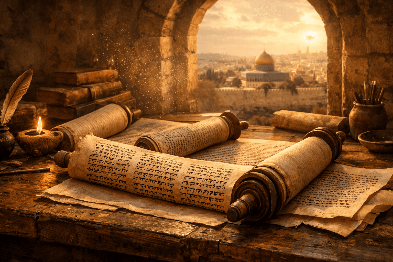 Ancient study with Torah scrolls and golden light